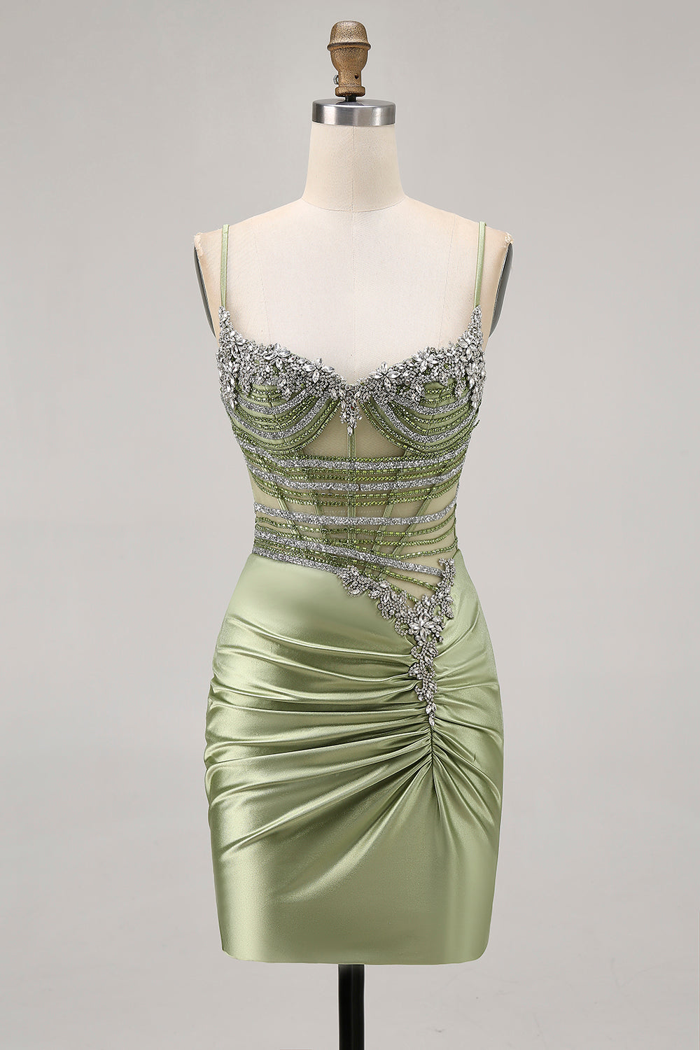 Sage Green Beaded Corset Ruched Tight Homecoming Dress with Rhinestones - Image 1