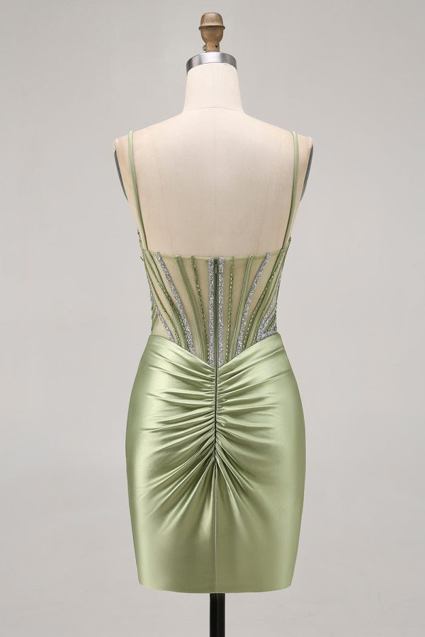 Sage Green Beaded Corset Ruched Tight Homecoming Dress with Rhinestones - Image 2