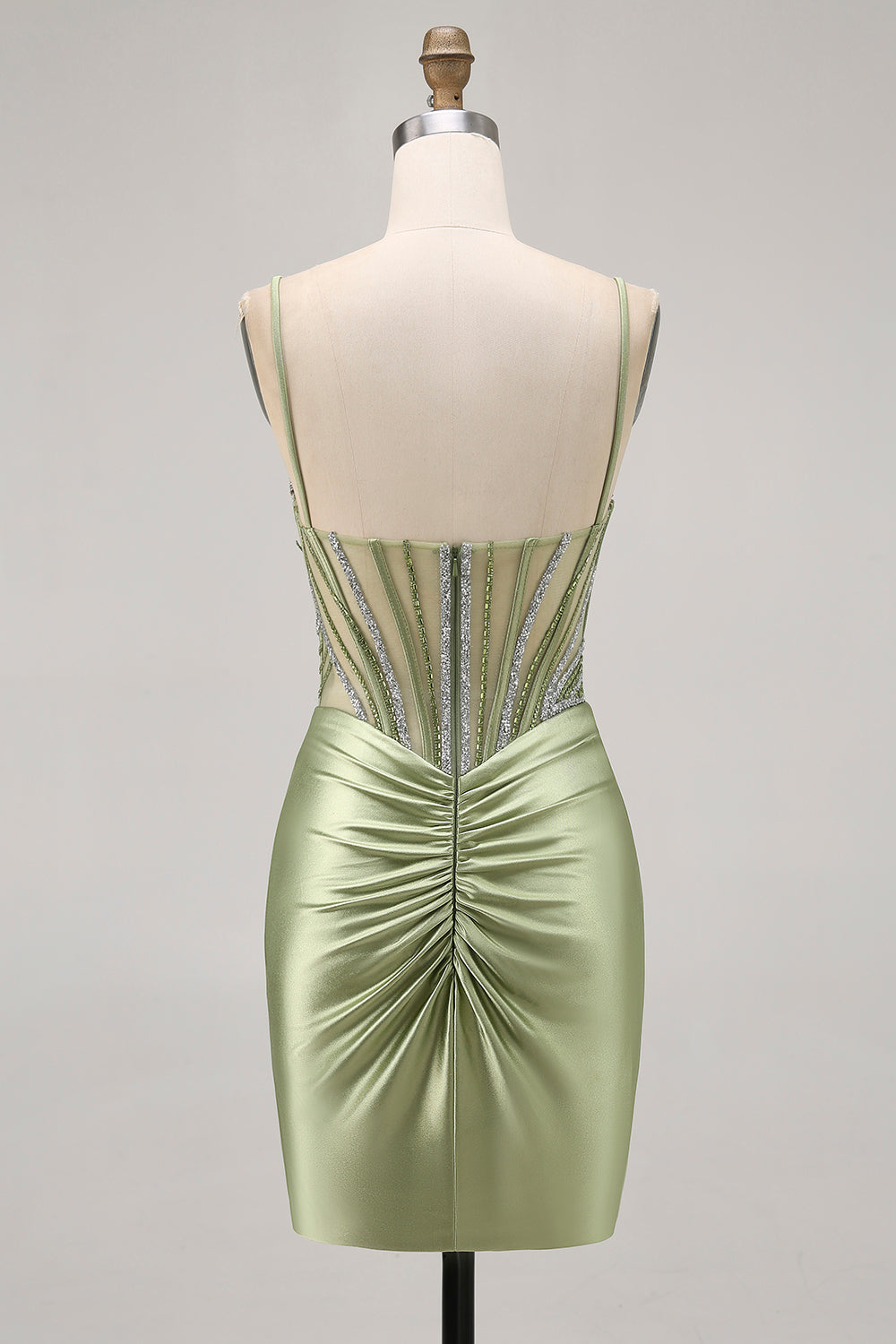 Sage Green Beaded Corset Ruched Tight Homecoming Dress with Rhinestones - Image 2