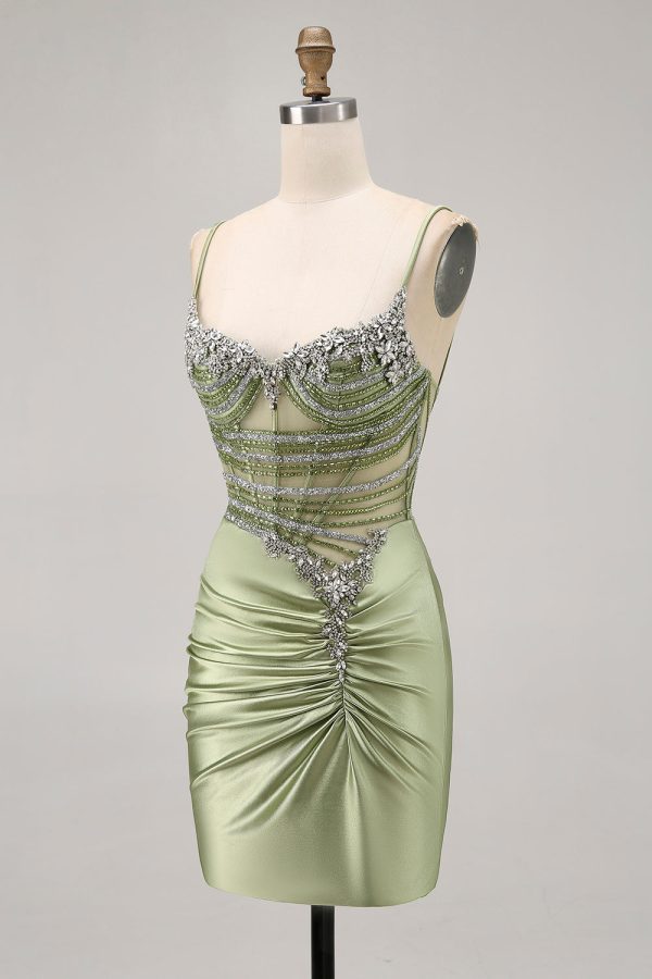 Sage Green Beaded Corset Ruched Tight Homecoming Dress with Rhinestones - Image 3