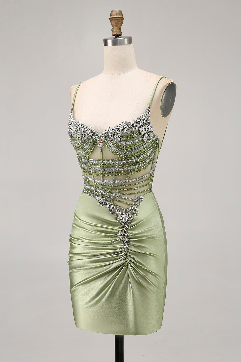 Sage Green Beaded Corset Ruched Tight Homecoming Dress with Rhinestones - Image 3