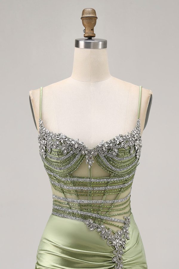 Sage Green Beaded Corset Ruched Tight Homecoming Dress with Rhinestones - Image 4