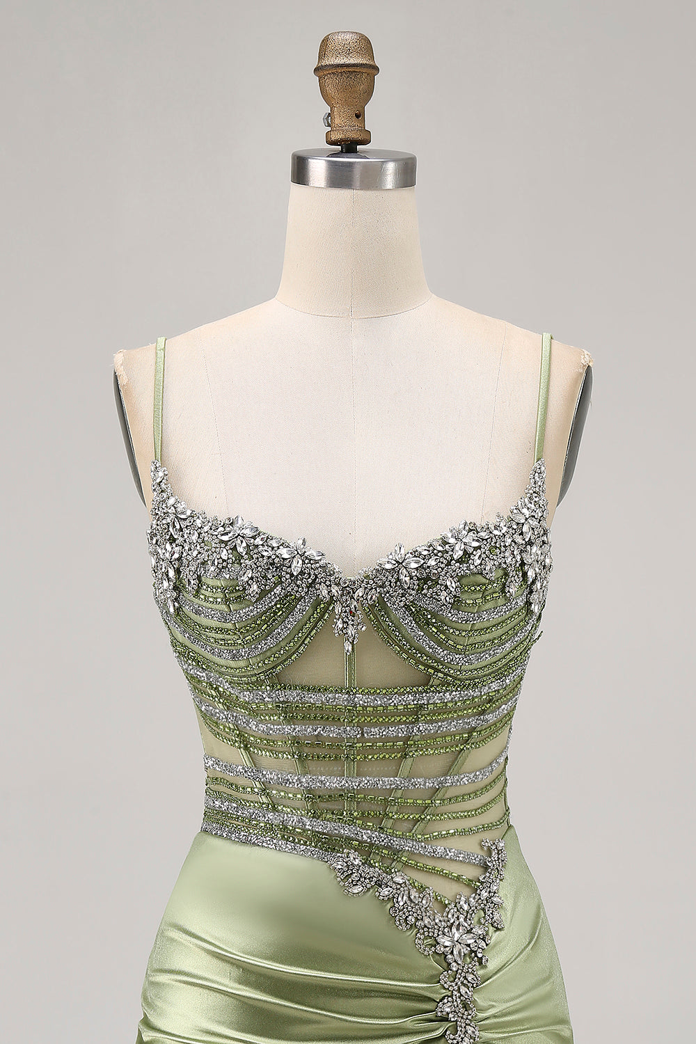 Sage Green Beaded Corset Ruched Tight Homecoming Dress with Rhinestones - Image 4