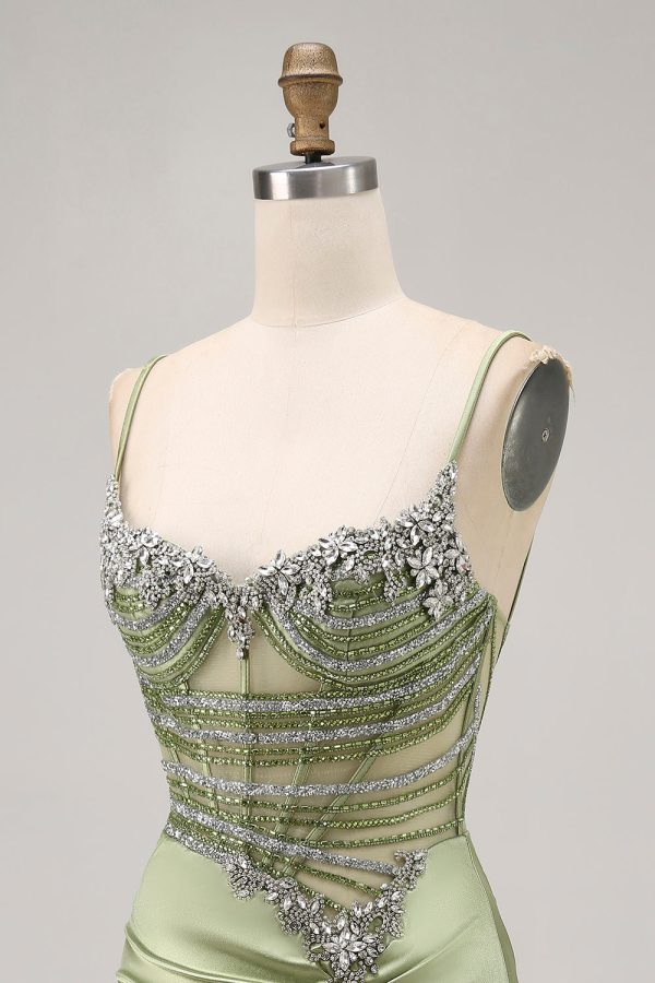 Sage Green Beaded Corset Ruched Tight Homecoming Dress with Rhinestones - Image 6