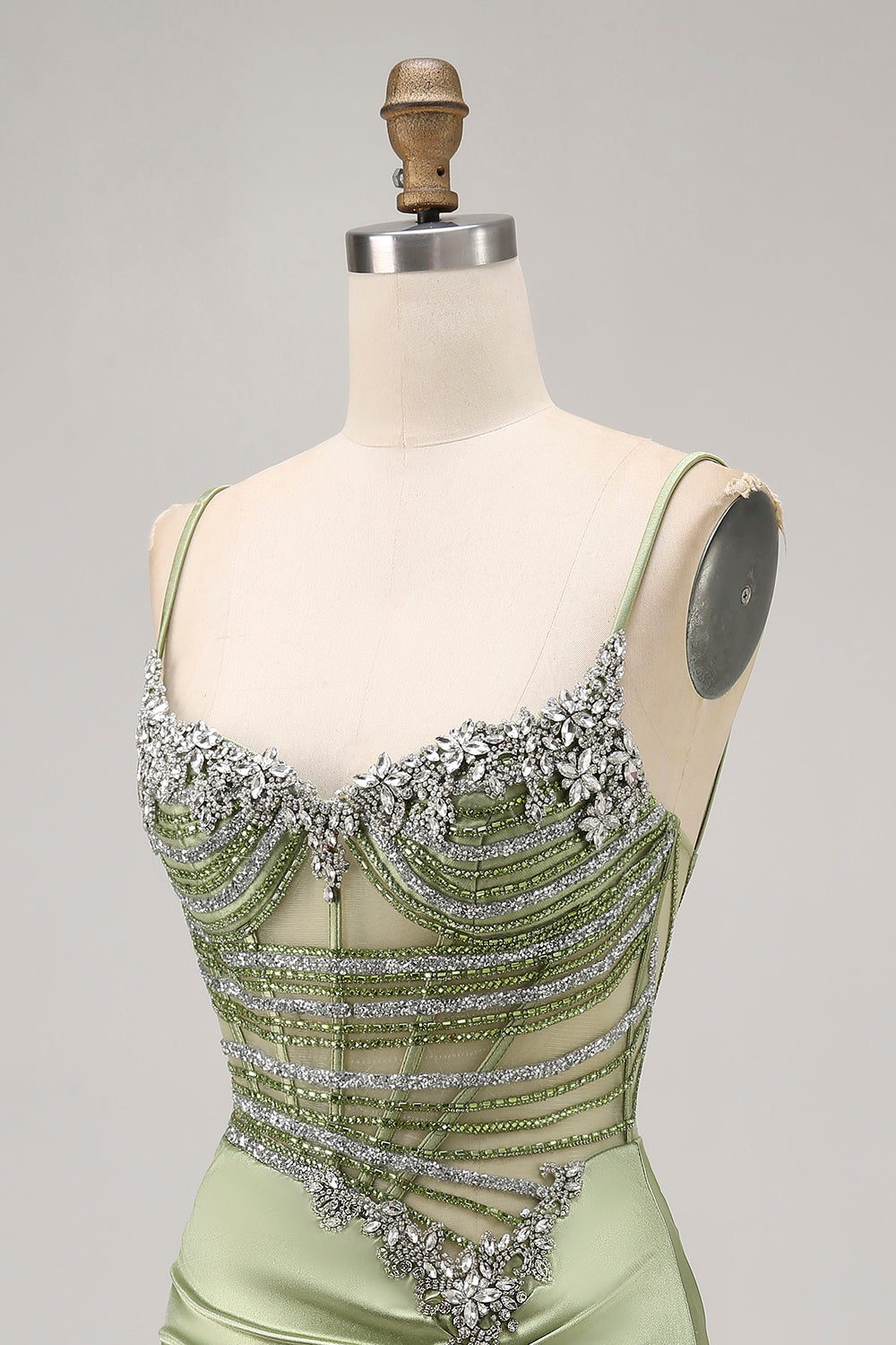 Sage Green Beaded Corset Ruched Tight Homecoming Dress with Rhinestones - Image 6
