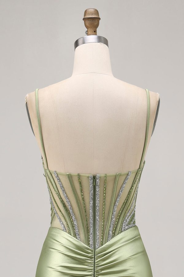 Sage Green Beaded Corset Ruched Tight Homecoming Dress with Rhinestones - Image 5