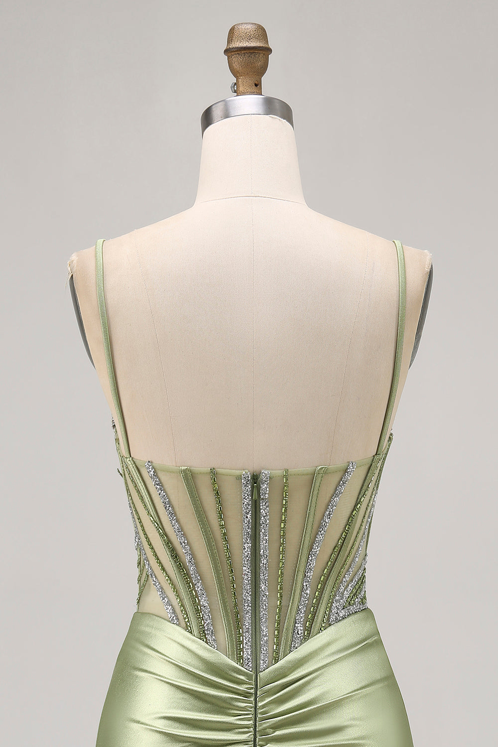 Sage Green Beaded Corset Ruched Tight Homecoming Dress with Rhinestones - Image 5