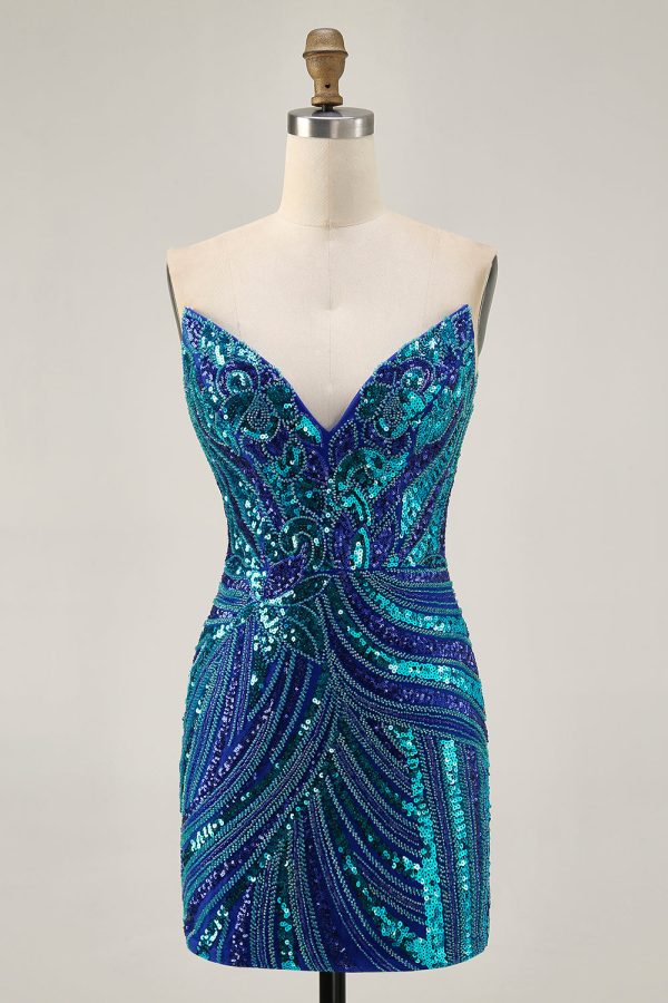 Royal Blue Strapless Bodycon Homecoming Dress With Sequins - Image 3