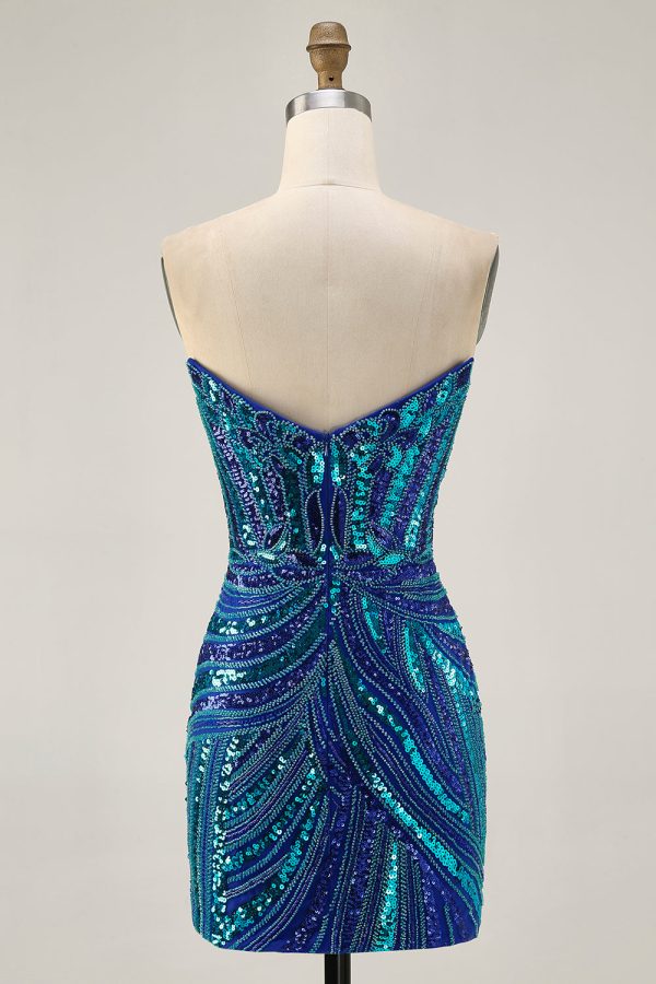 Royal Blue Strapless Bodycon Homecoming Dress With Sequins - Image 4