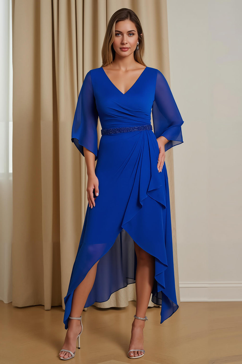 Royal Blue V-Neck Asymmetrical A-Line Mother Of The Bride Dress - Image 1