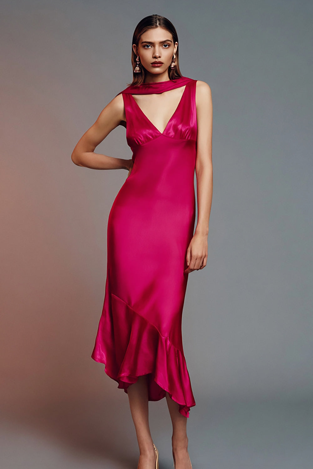 Ruffled V-Neck Sheath Fuchsia Wedding Guest Dress - Image 1
