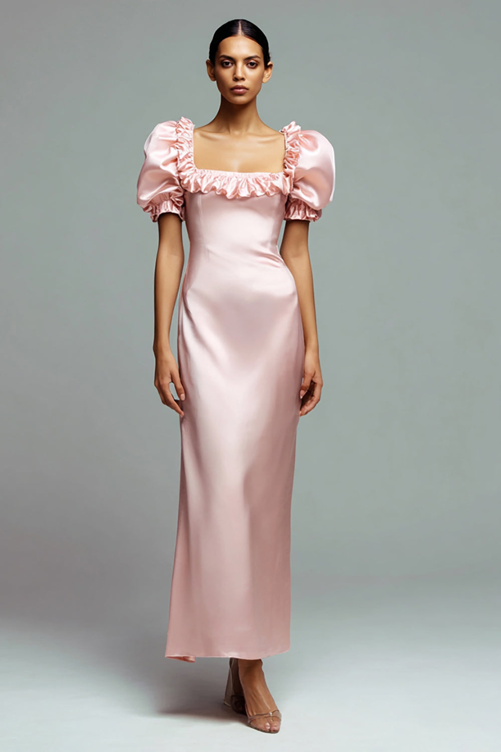 Ruffled Pink Sheath Satin Wedding Guest Dress - Image 1