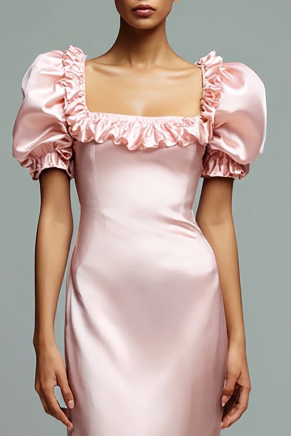 Ruffled Pink Sheath Satin Wedding Guest Dress - Image 2