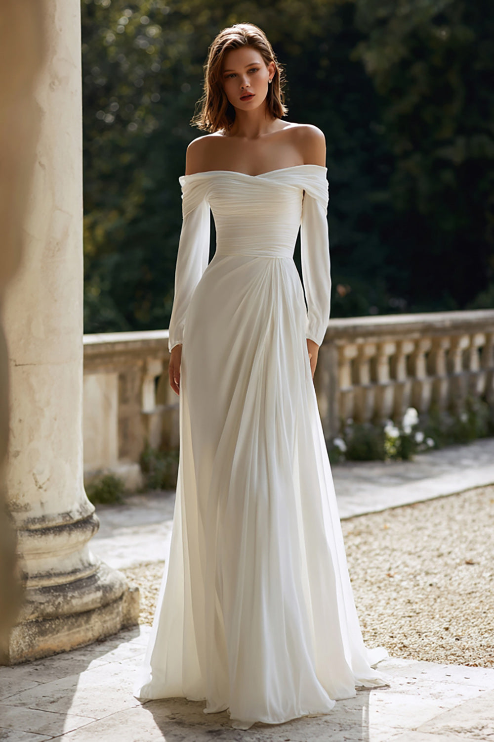 Ruched A-Line Off The Shoulder Ivory Engagement Dress with Long Sleeves - Image 1