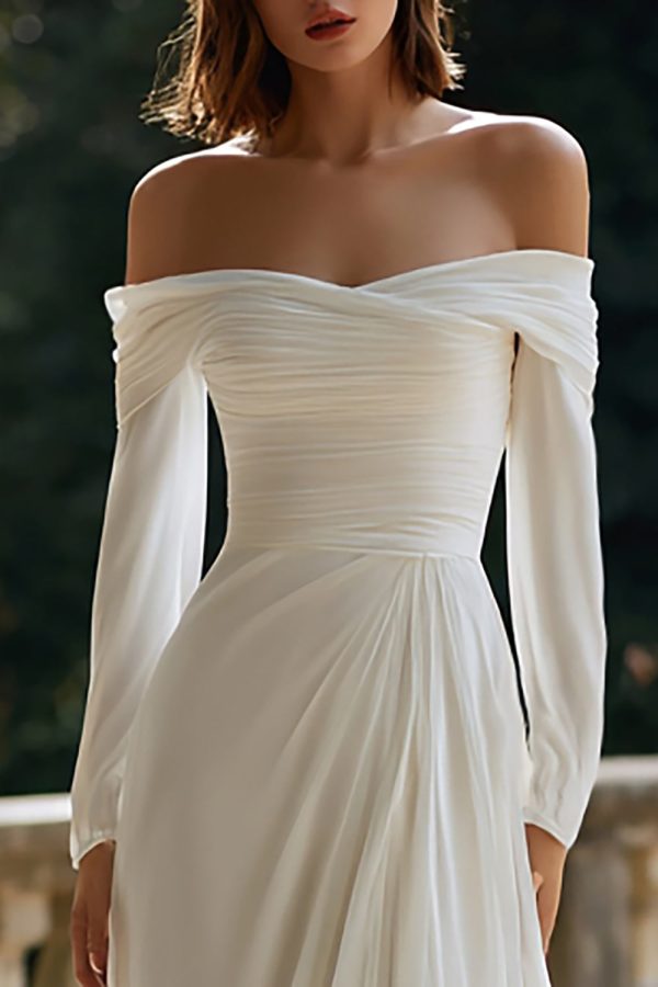 Ruched A-Line Off The Shoulder Ivory Engagement Dress with Long Sleeves - Image 2