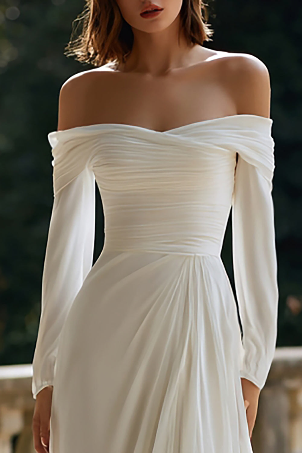 Ruched A-Line Off The Shoulder Ivory Engagement Dress with Long Sleeves - Image 2