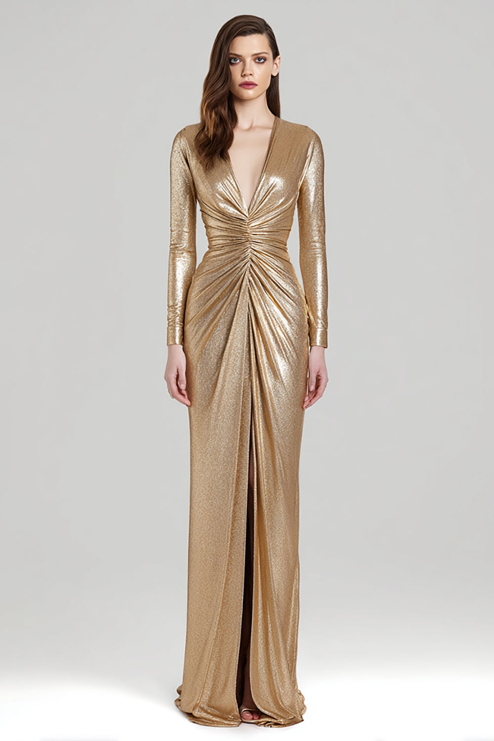 Ruched Long Sleeve V-Neck Sheath Gold Formal Dress With Slit - Image 1