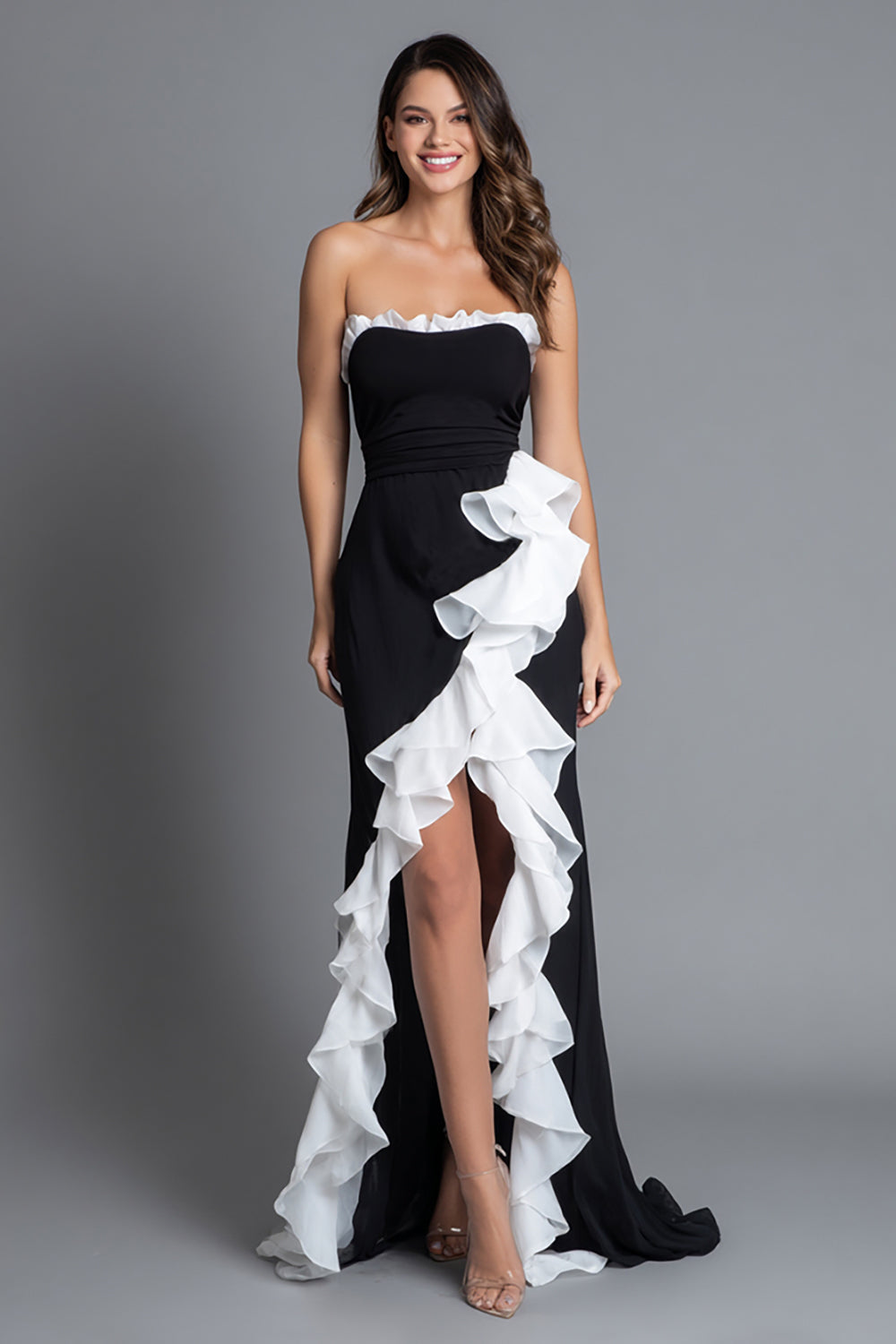 Ruffled Black and White Strapless Formal Dress With Slit - Image 1