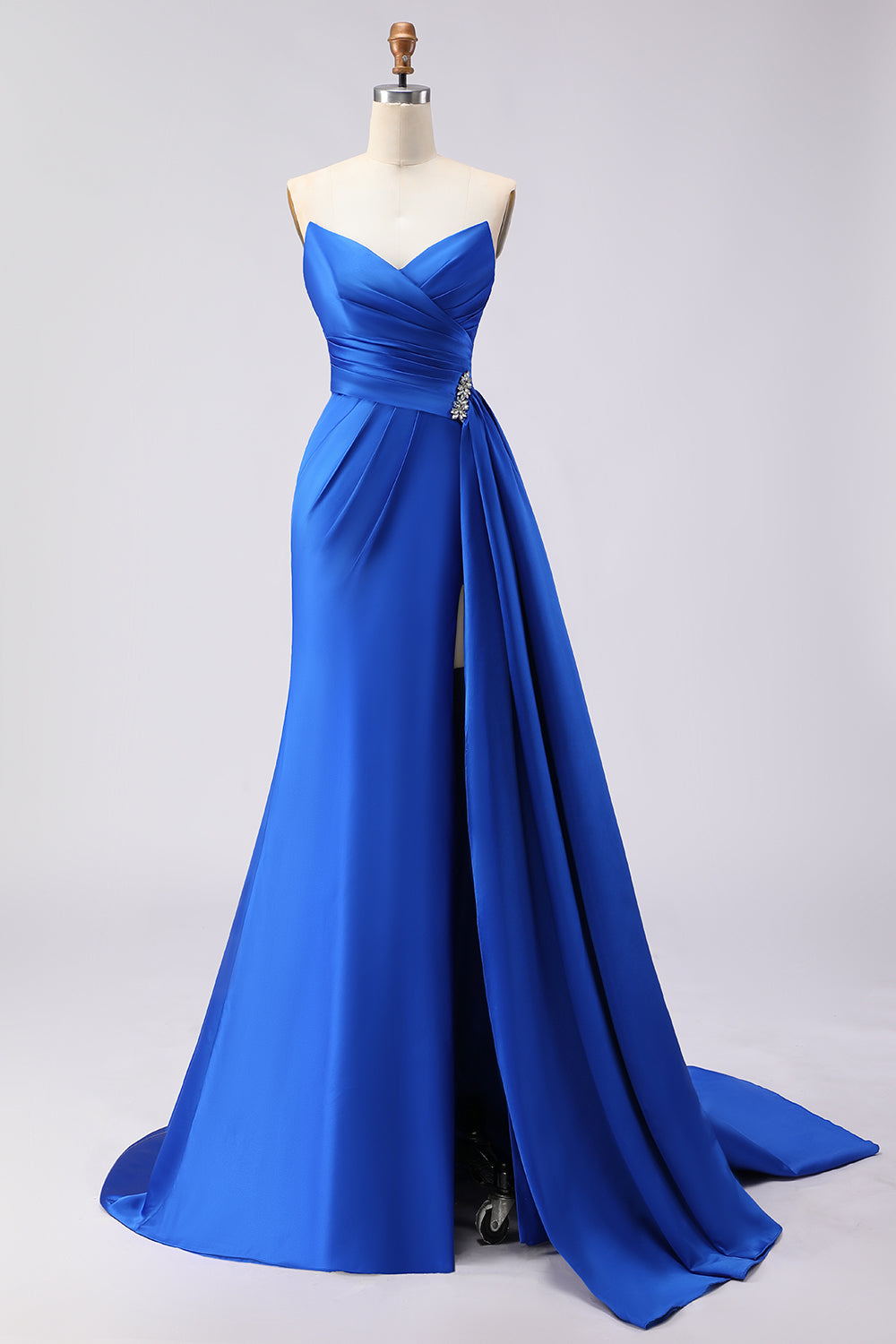 Royal Blue Satin Strapless Ruched Prom Dress with Side Cape - Image 1