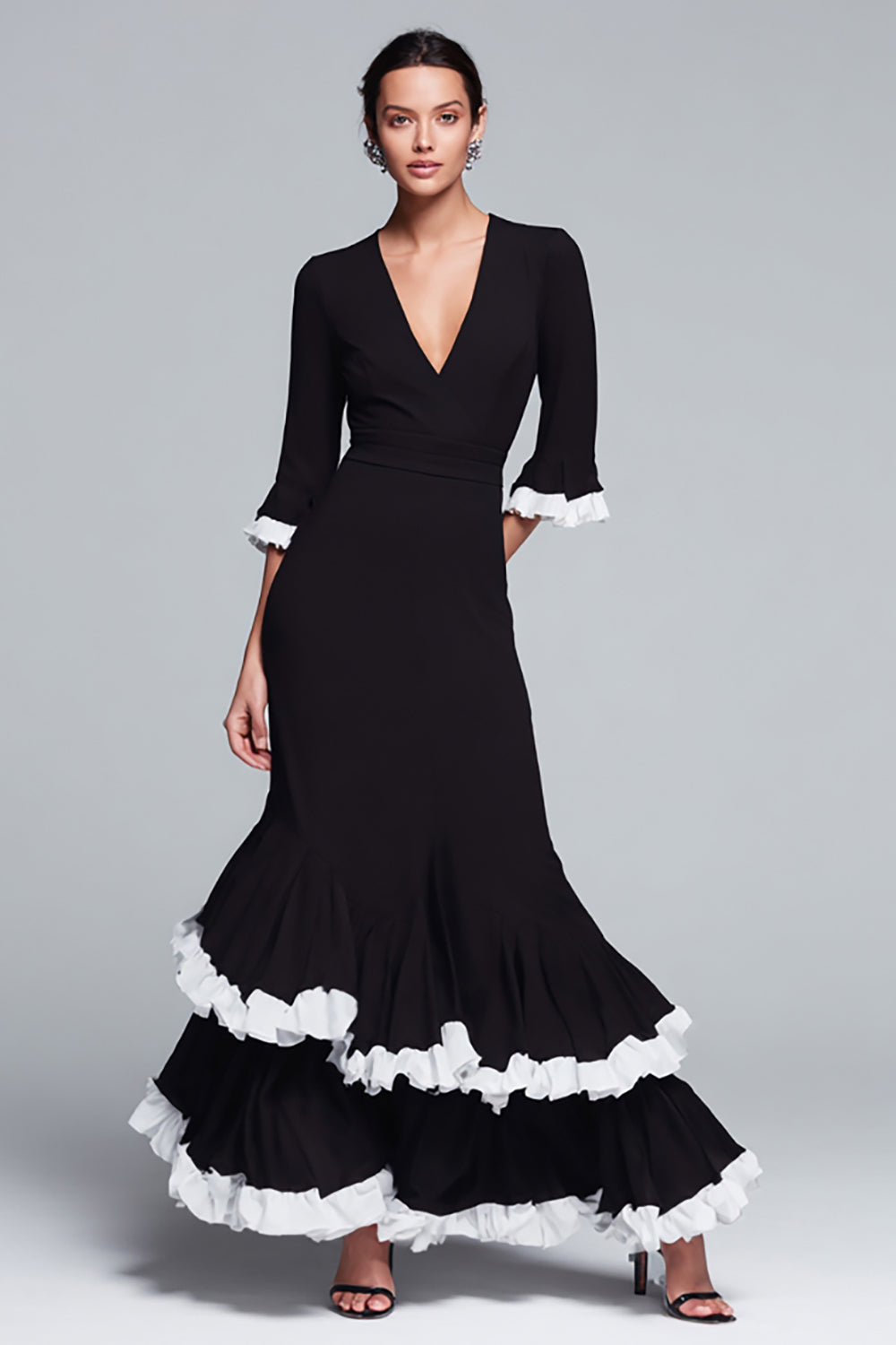 Ruffled Mermaid Black and White V-Neck Formal Dress - Image 1