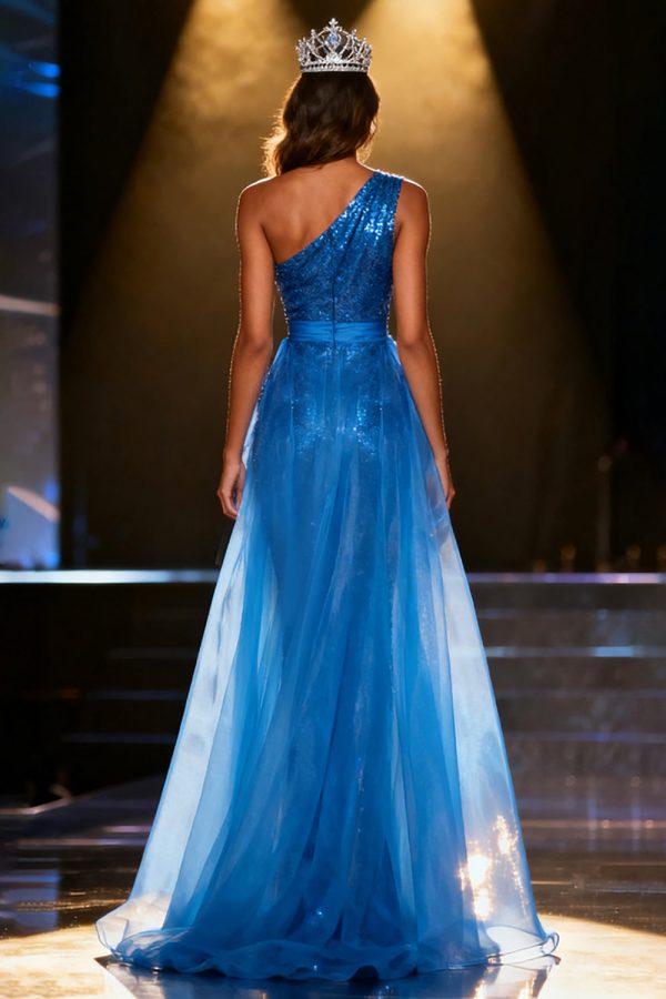 Royal Blue Sequin One Shoulder Mermaid Maxi Pageant Dress With Overlay - Image 2