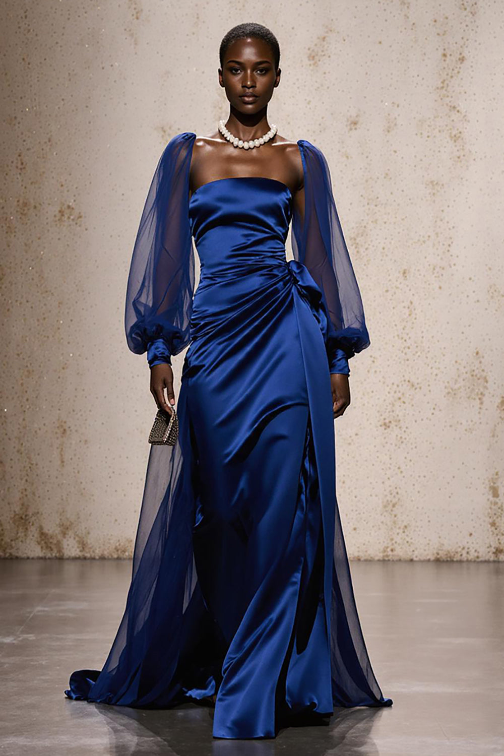 Royal Blue Satin Evening Dress With Bishop Sleeves - Image 1