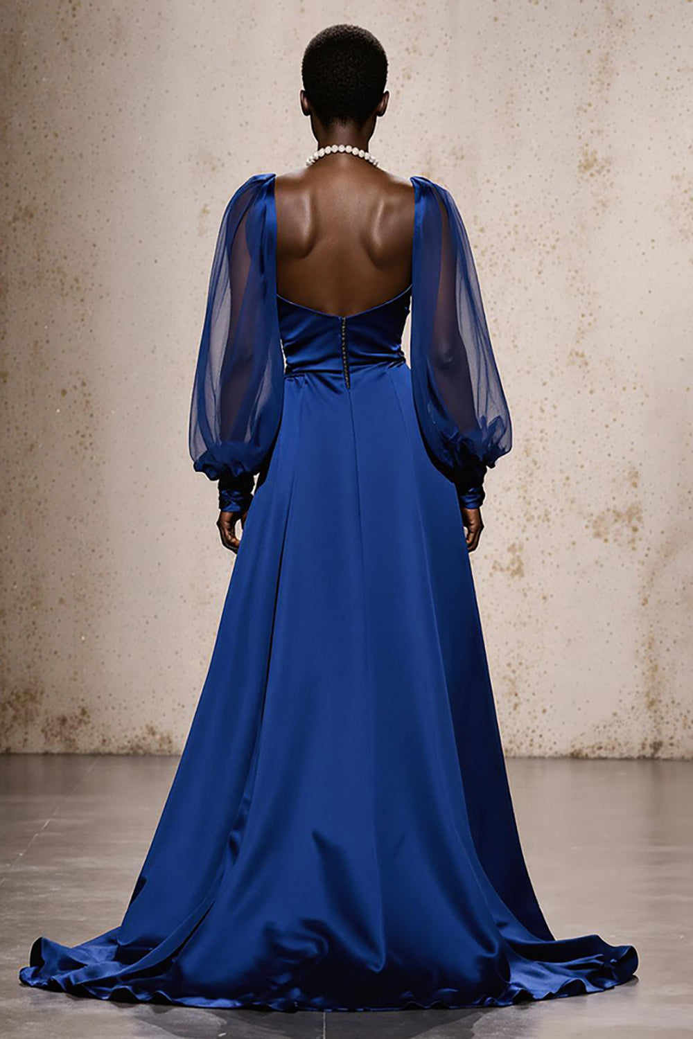Royal Blue Satin Evening Dress With Bishop Sleeves - Image 2