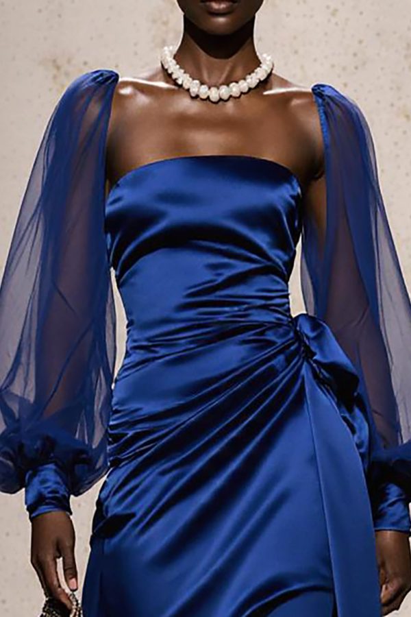 Royal Blue Satin Evening Dress With Bishop Sleeves - Image 3