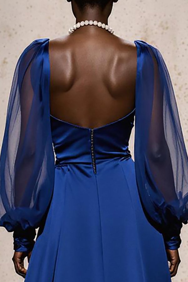 Royal Blue Satin Evening Dress With Bishop Sleeves - Image 4