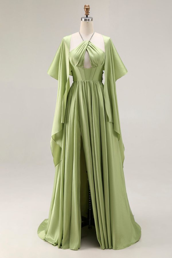 Sage Green Corset A Line Keyhole Maxi Prom Dress With Slit - Image 3