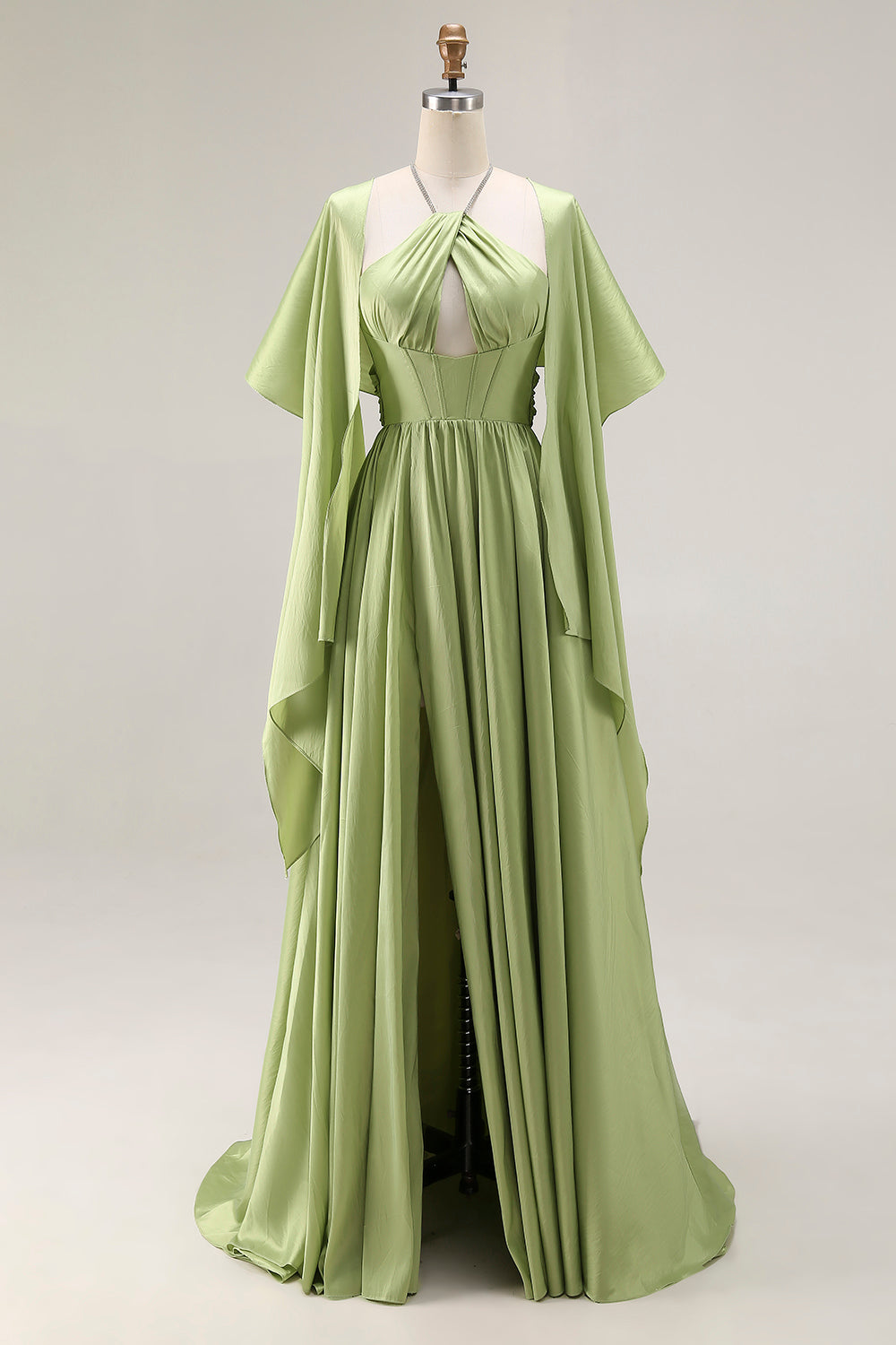 Sage Green Corset A Line Keyhole Maxi Prom Dress With Slit - Image 3
