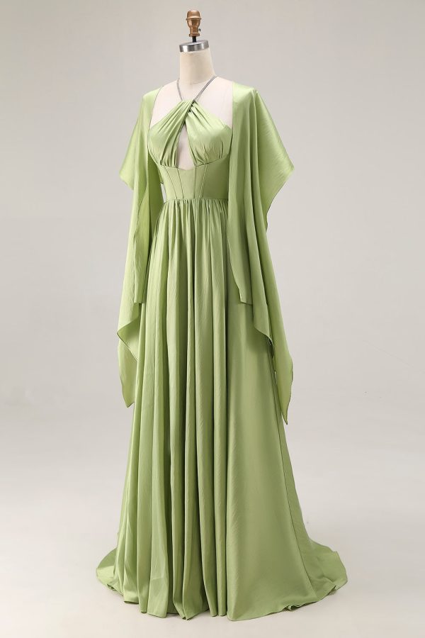 Sage Green A Line Corset Keyhole Maxi Evening Dress With Slit - Image 5