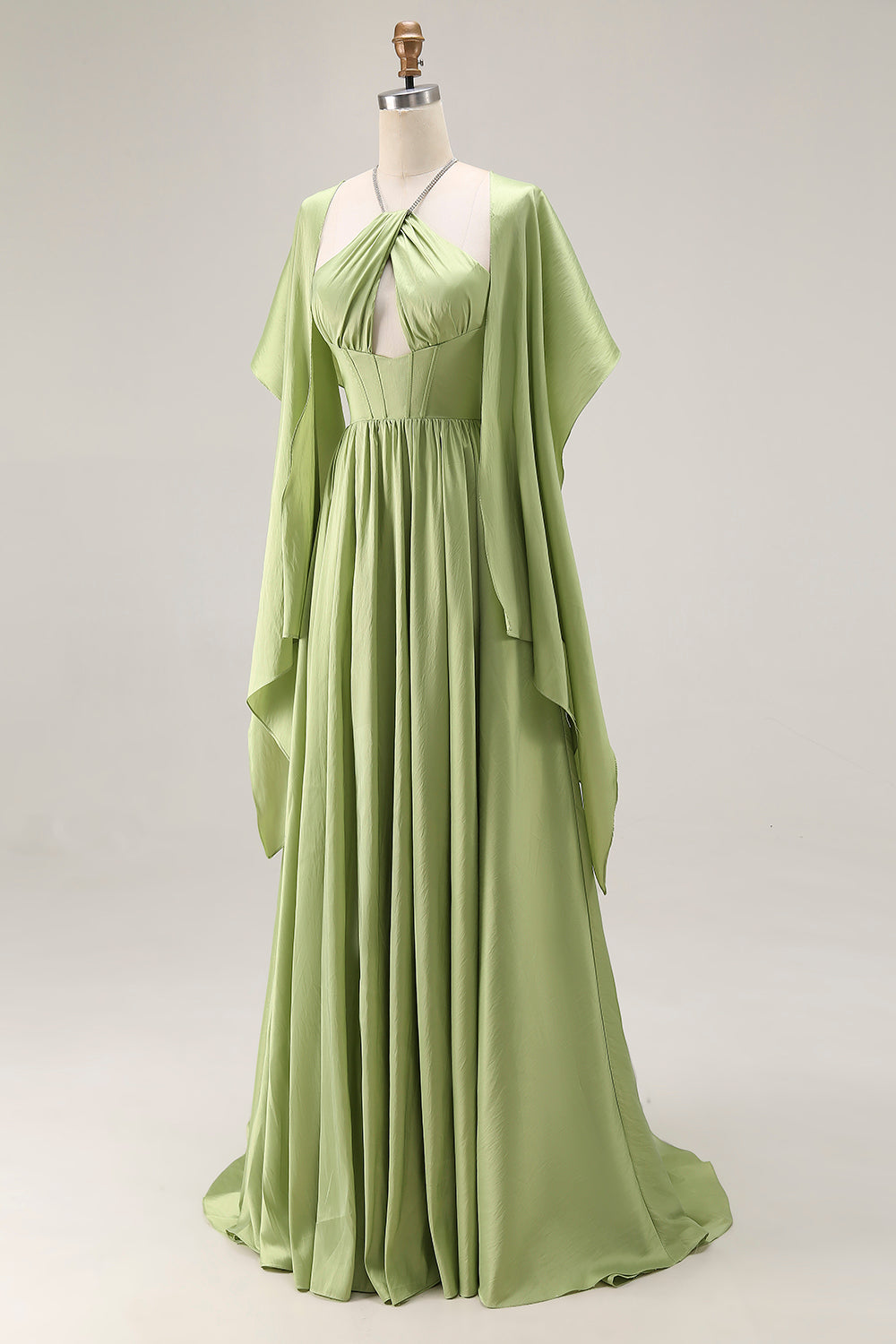 Sage Green A Line Corset Keyhole Maxi Evening Dress With Slit - Image 5