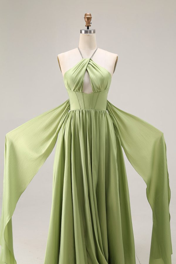 Sage Green A Line Corset Keyhole Maxi Evening Dress With Slit - Image 6