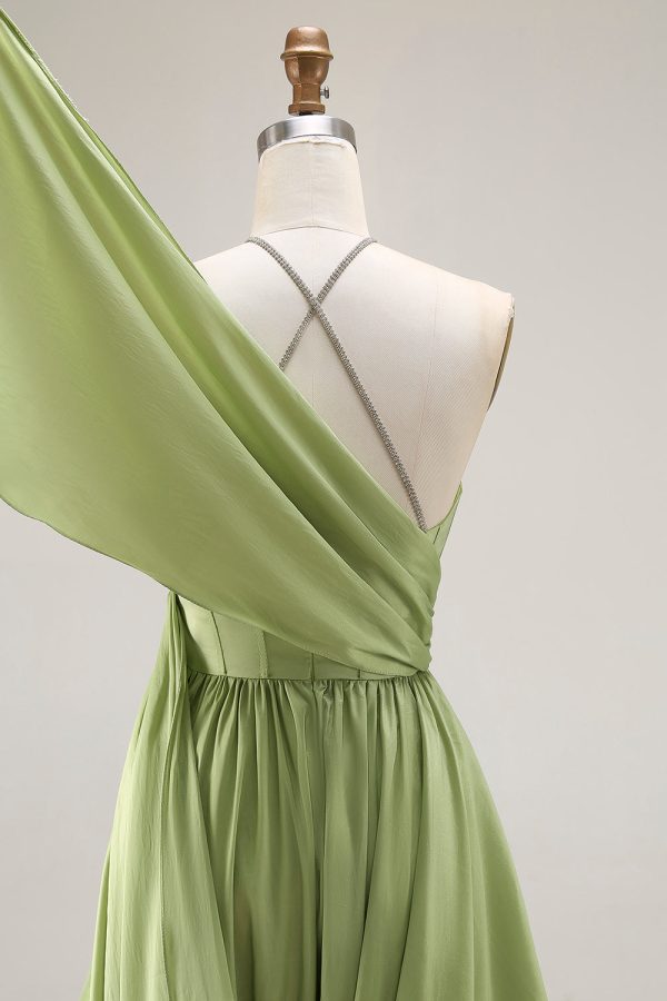 Sage Green A Line Corset Keyhole Maxi Evening Dress With Slit - Image 7