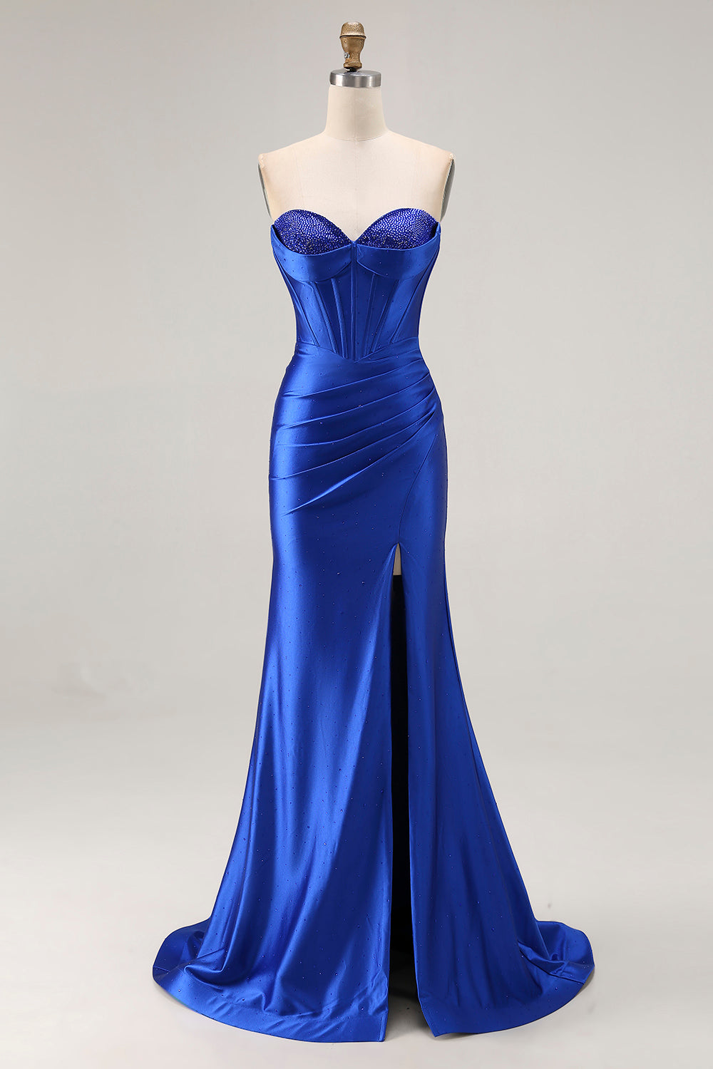 Royal Blue Sweetheart Corset Beaded Satin Prom Dress With Slit - Image 1