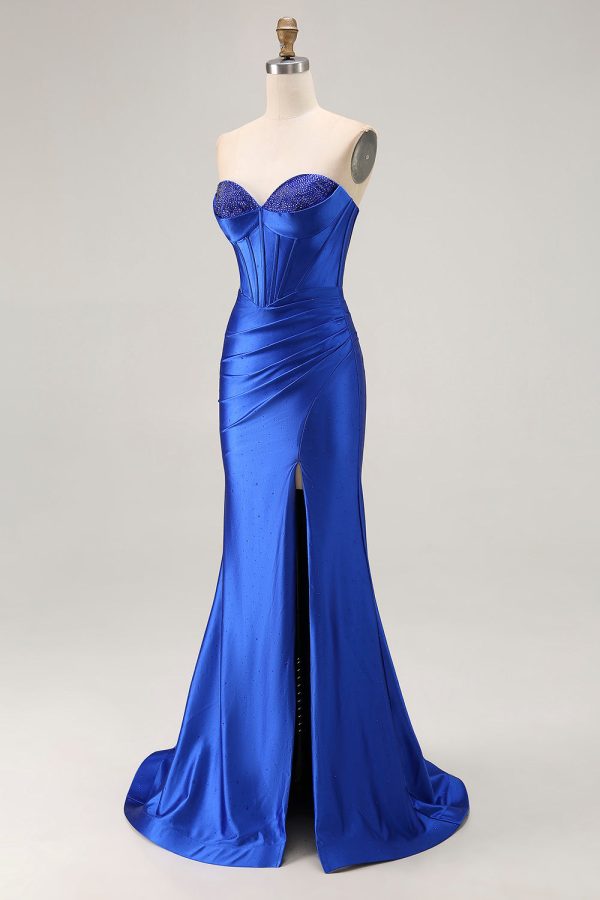 Royal Blue Sweetheart Corset Beaded Satin Prom Dress With Slit - Image 3