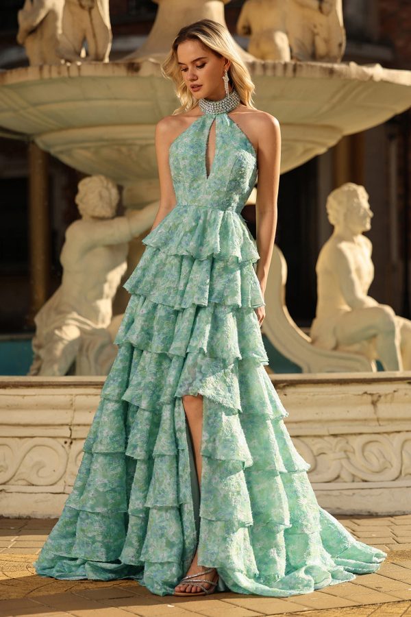 Sage Green A-Line Halter Tiered Beaded Maxi Prom Dress With Slit