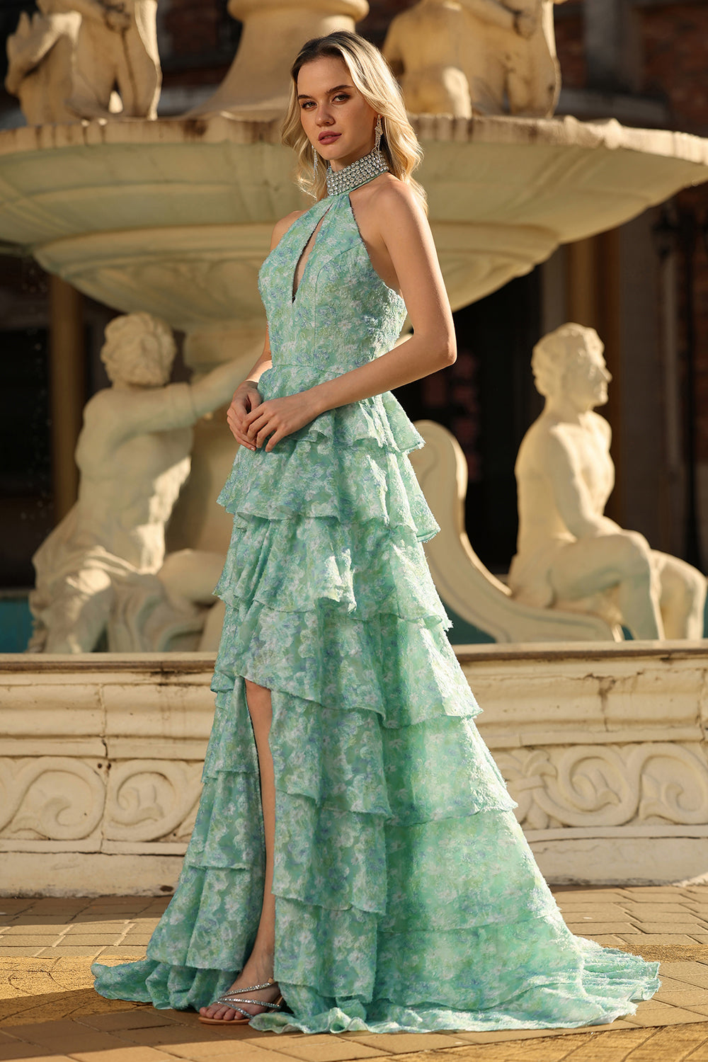 Sage Green A-Line Halter Tiered Beaded Maxi Prom Dress With Slit - Image 5