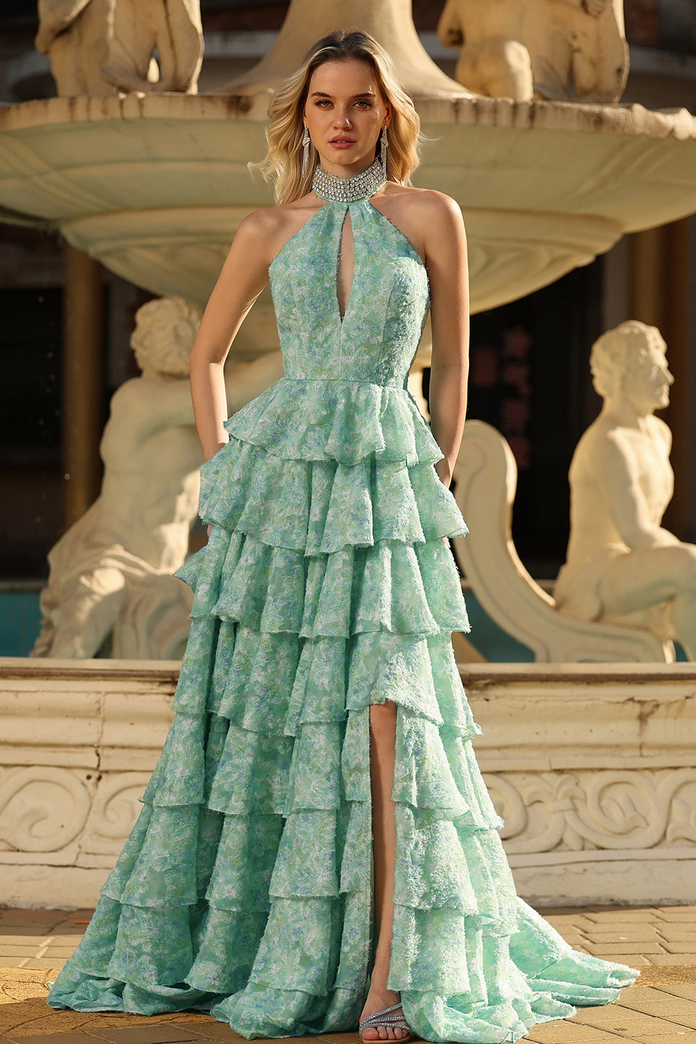 Sage Green A-Line Halter Tiered Beaded Maxi Prom Dress With Slit - Image 4