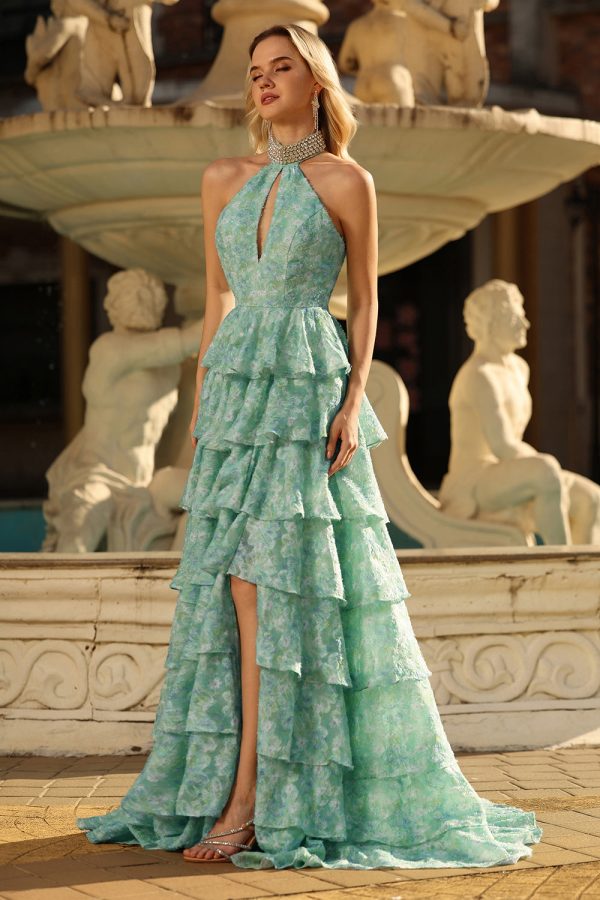 Sage Green A-Line Halter Tiered Beaded Maxi Prom Dress With Slit - Image 6