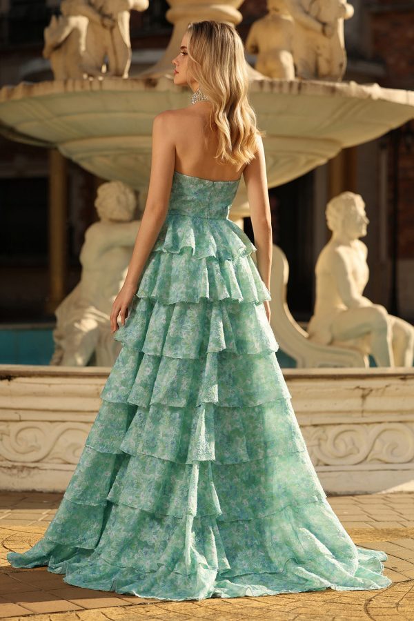 Sage Green A-Line Halter Tiered Beaded Maxi Prom Dress With Slit - Image 2