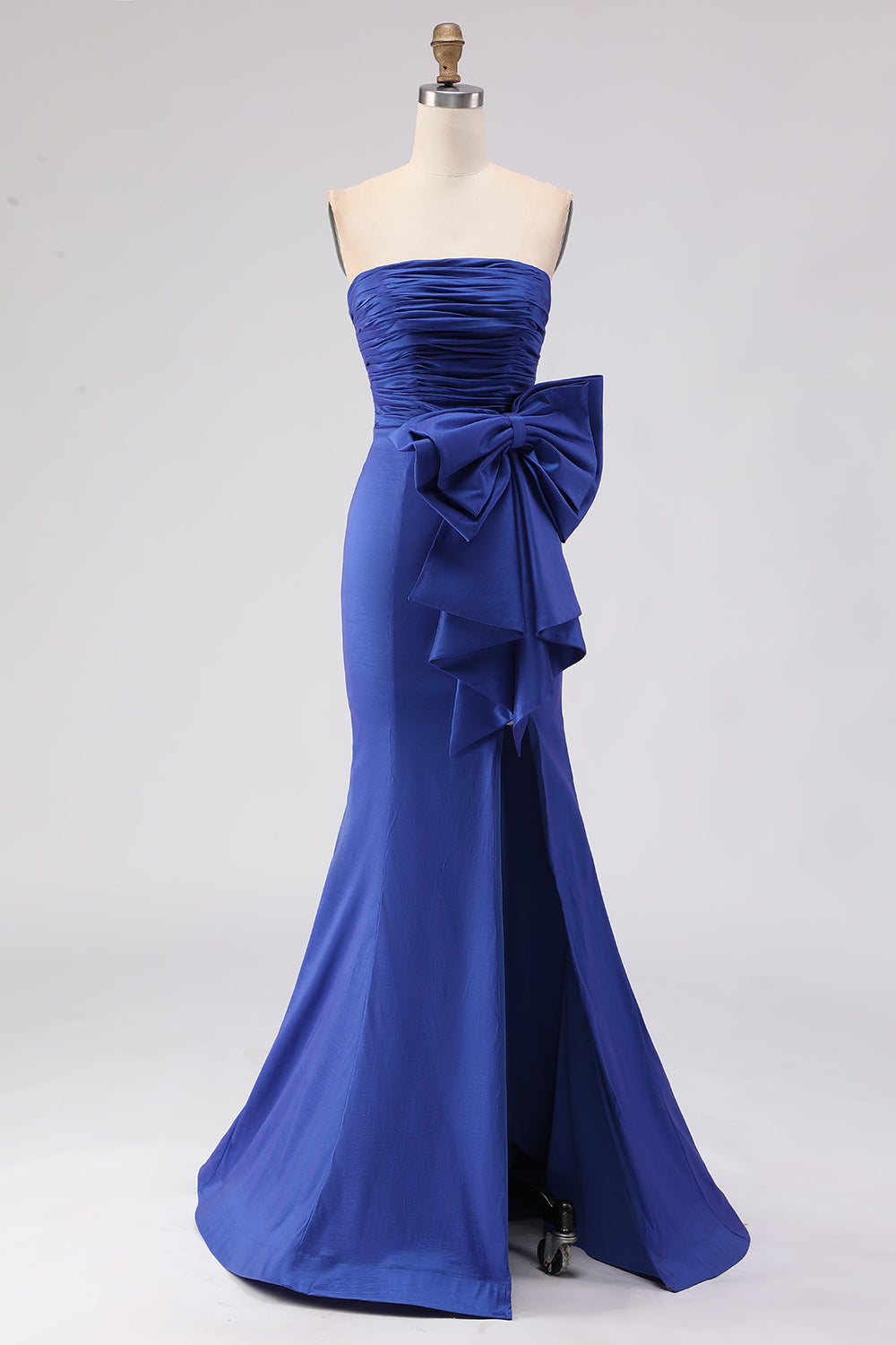 Royal Blue Strapless Bowed Ruched Mermaid Prom Dress With Slit - Image 1