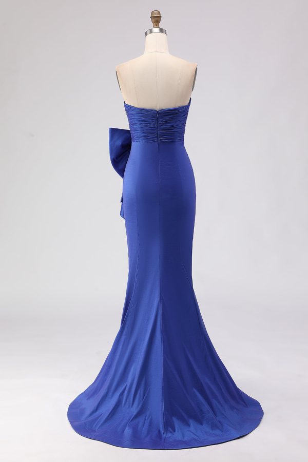 Royal Blue Strapless Bowed Ruched Mermaid Prom Dress With Slit - Image 2