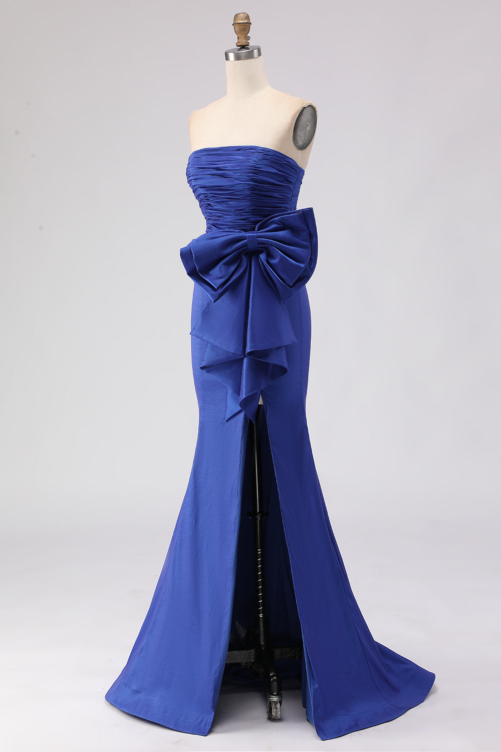 Royal Blue Strapless Bowed Ruched Mermaid Prom Dress With Slit - Image 3