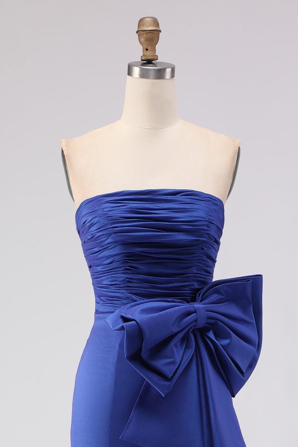 Royal Blue Strapless Bowed Ruched Mermaid Prom Dress With Slit - Image 4