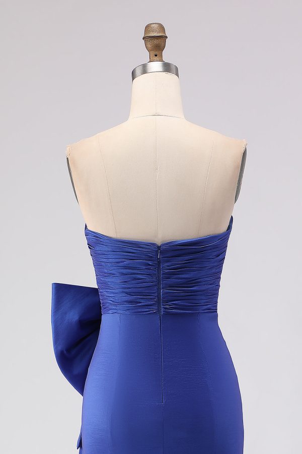 Royal Blue Strapless Bowed Ruched Mermaid Prom Dress With Slit - Image 5