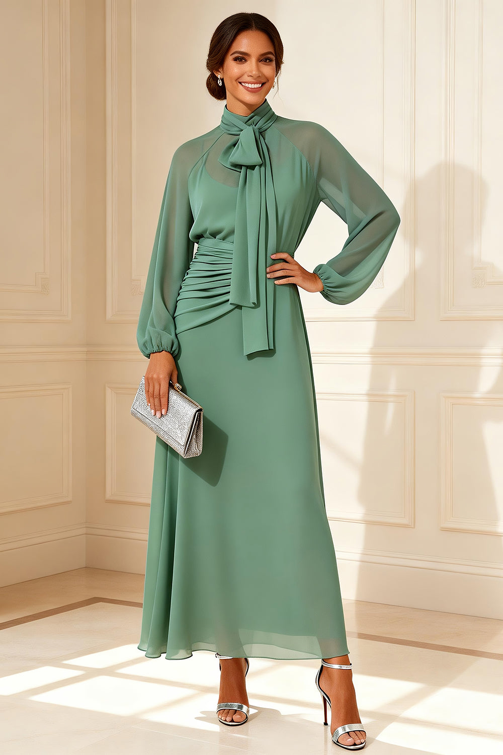Sage Green A Line Ruched High Neck Mother of the Bride Dress - Image 1