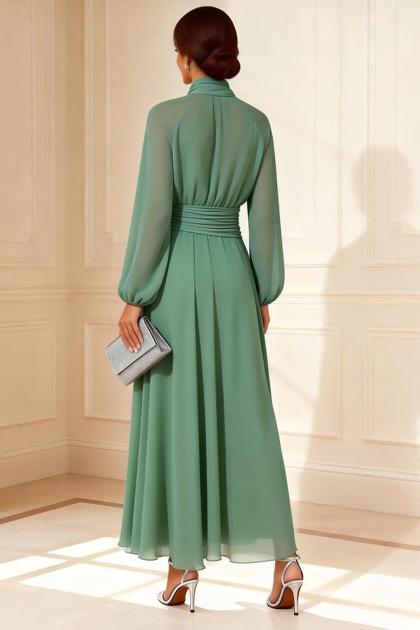 Sage Green A Line Ruched High Neck Mother of the Bride Dress - Image 2