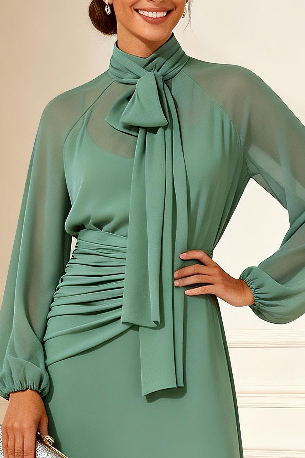Sage Green A Line Ruched High Neck Mother of the Bride Dress - Image 3